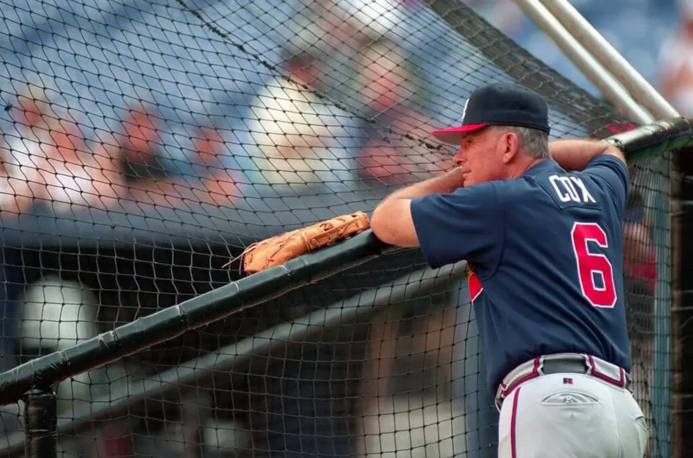 Bobby Cox watches batting practice in 1997.