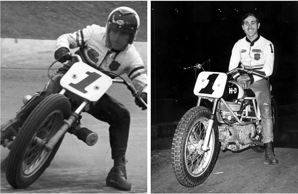 two motorcyclists on racing bikes one in action and one posing